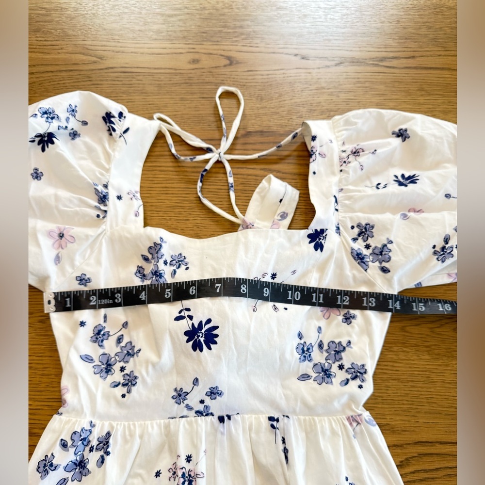 WAYF White Blue Floral Puff Sleeve Tie Back Midi Dress XS - Picture 3 of 15